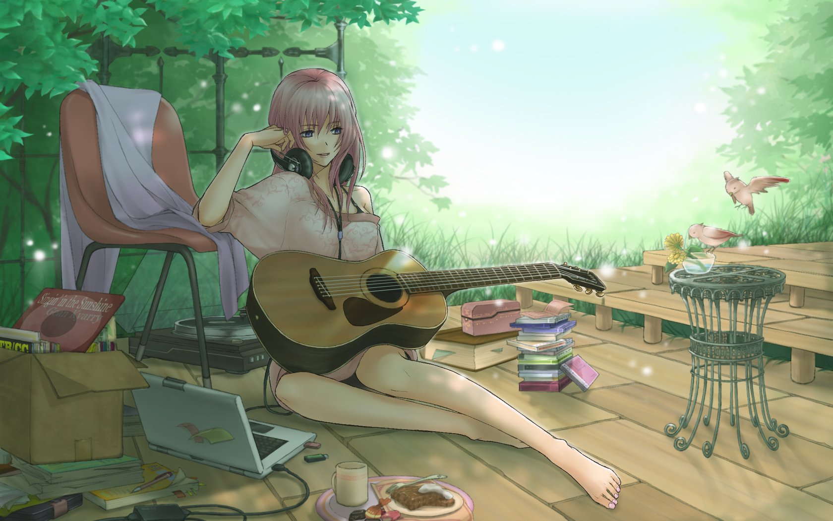 Anime-inspired HD wallpaper featuring Luka Megurine, a Vocaloid character, sitting on a wooden deck with a guitar, surrounded by a serene, nature-filled background.
