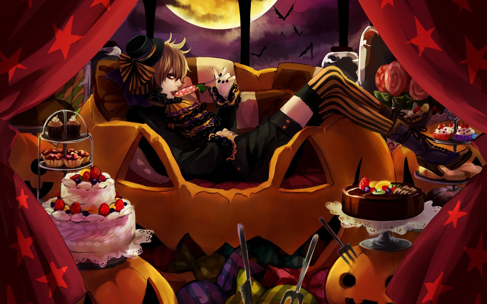 HD anime Halloween desktop wallpaper featuring an original character lounging in a pumpkin-themed setting with cakes, candles, and a full moon backdrop.