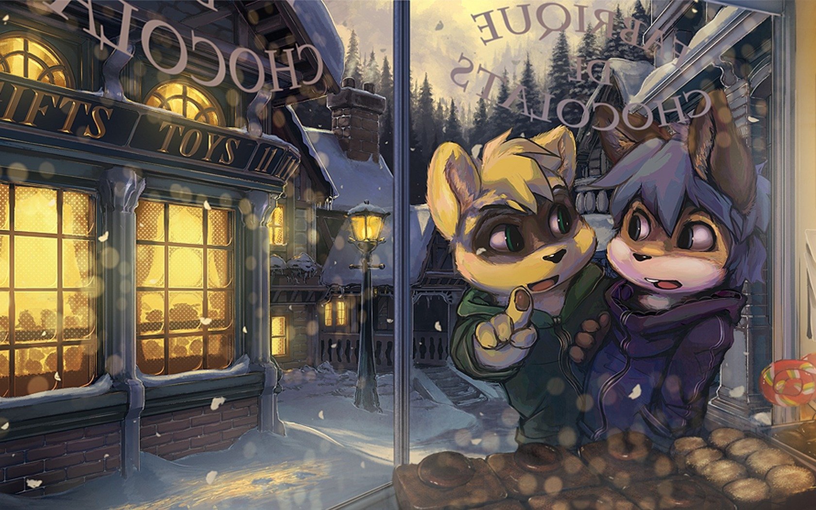 HD PC desktop wallpaper depicting two animated characters looking through a frosty window at a warmly lit chocolate shop during a snowy Christmas holiday evening.