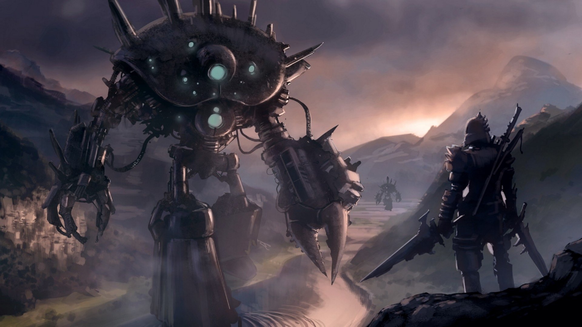 HD Sci-Fi desktop wallpaper depicting a large, menacing robot confronting a lone armed figure in a misty, mountainous landscape at dusk.