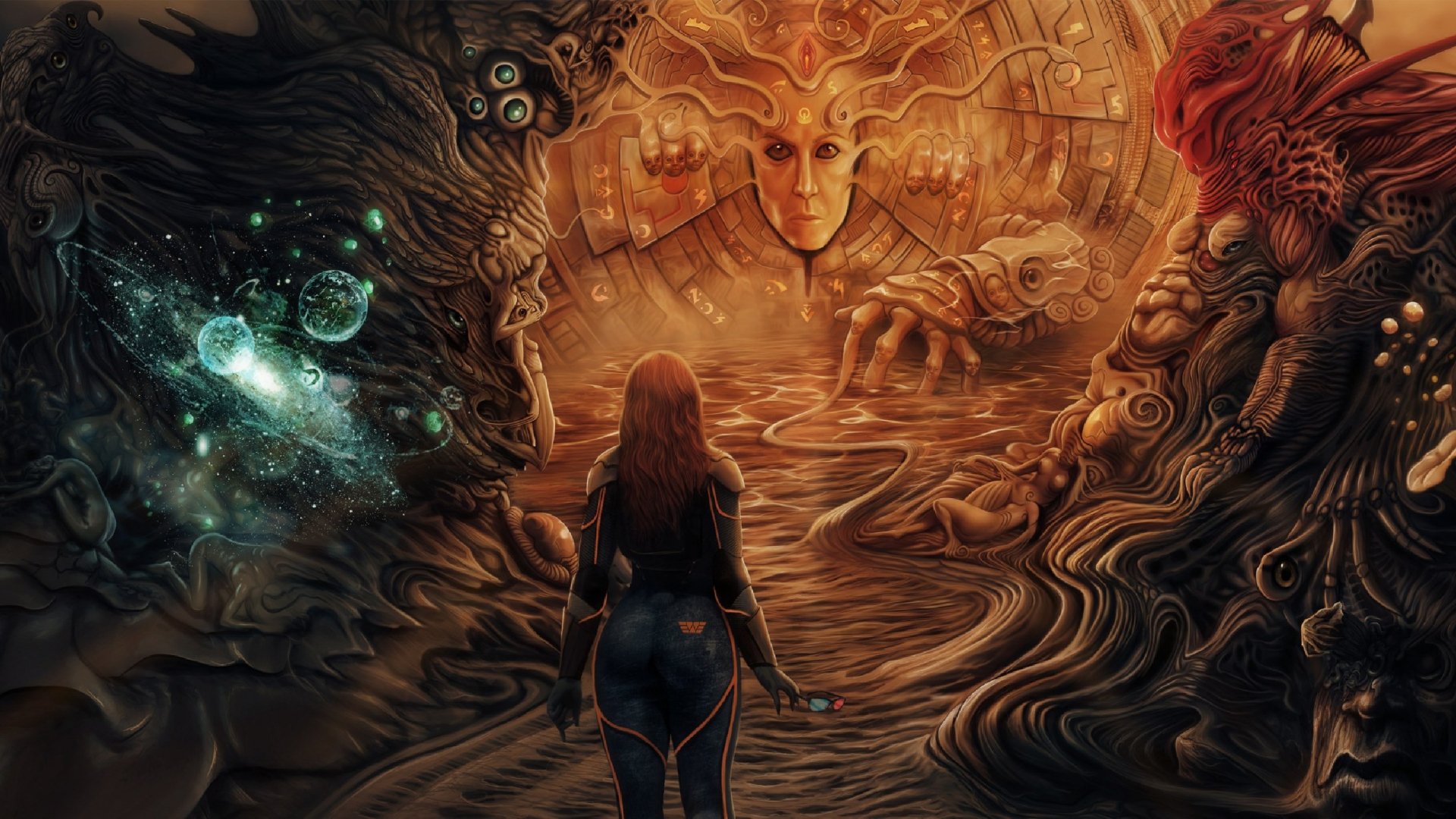 A fantasy-themed HD wallpaper featuring a woman standing before an intricate, surreal landscape with ethereal elements and a mysterious, towering figure emerging from the background.