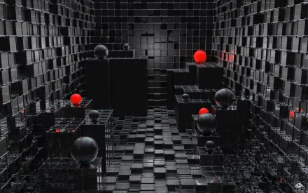 Abstract CGI image of a dark 3D environment featuring black cubes and spheres, with red spheres adding contrast. High-definition desktop wallpaper and background.