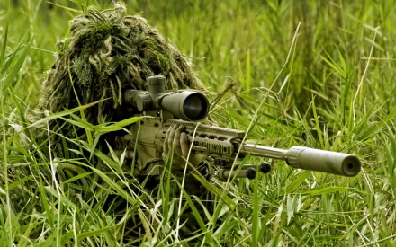 A camouflaged sniper lying in tall grass with a scoped rifle, forming a striking military-themed HD desktop wallpaper and background.