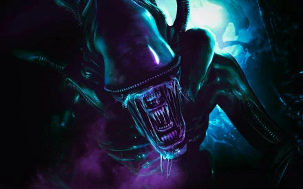 HD desktop wallpaper featuring a menacing xenomorph from sci-fi. The alien glows with intense blue and purple hues, against a mysterious backdrop.