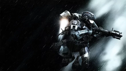 HD PC desktop wallpaper featuring a Spartan soldier from the video game Halo: Reach in dynamic action amid rain and dramatic lighting.