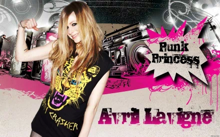 HD desktop wallpaper featuring Avril Lavigne in a punk-inspired design, showcasing her energetic pose and playful style against a vibrant backdrop.