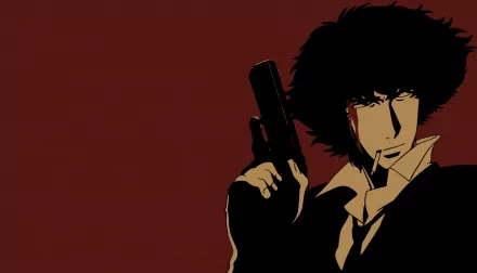 Spike Spiegel from Cowboy Bebop in anime silhouette holding a gun against a deep red backdrop — 2K Quad HD PC desktop wallpaper/background.