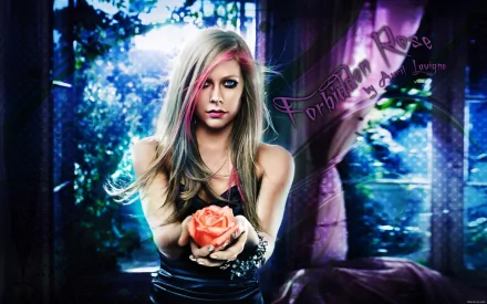 A vibrant HD desktop wallpaper featuring Avril Lavigne, holding a rose against a mystical, softly lit background, embodying themes of music and emotion.