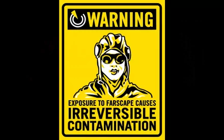 HD PC desktop wallpaper featuring a bold yellow warning sign referencing the TV show Farscape, stating exposure causes irreversible contamination.