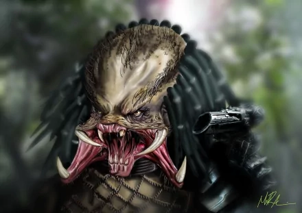 A fierce alien creature with sharp teeth and intricate armor stands menacingly, showcasing elements of sci-fi and predator themes in this HD desktop wallpaper.