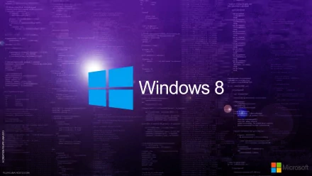 A 4K Ultra HD desktop wallpaper featuring the Windows 8 logo against a vibrant purple background filled with code, showcasing Microsoft technology.