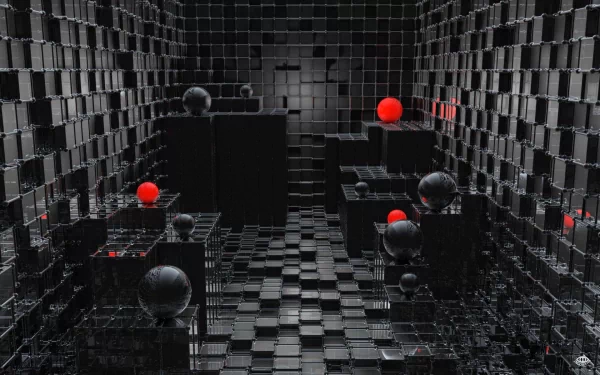 Abstract CGI image of a dark 3D environment featuring black cubes and spheres, with red spheres adding contrast. High-definition desktop wallpaper and background.