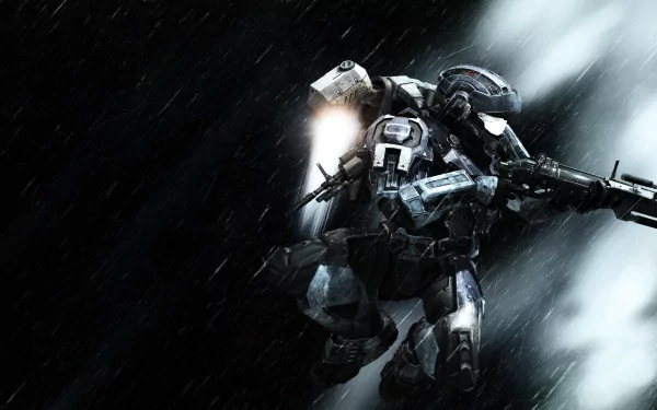 HD PC desktop wallpaper featuring a Spartan soldier from the video game Halo: Reach in dynamic action amid rain and dramatic lighting.