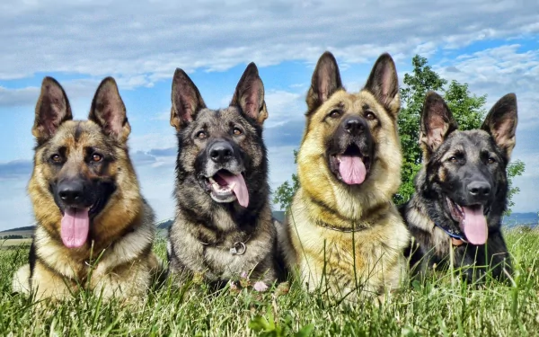 Four German Shepherds sitting in a grassy field under a partly cloudy sky, featured in a high-definition desktop wallpaper and background.