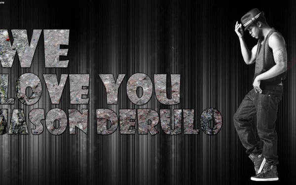 HD PC desktop wallpaper featuring Jason Derulo in a stylish pose beside bold text that reads We Love You Jason Derulo with a dark, textured background.