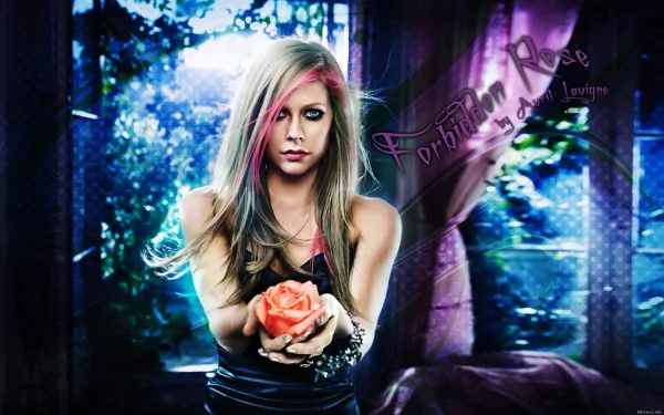 A vibrant HD desktop wallpaper featuring Avril Lavigne, holding a rose against a mystical, softly lit background, embodying themes of music and emotion.