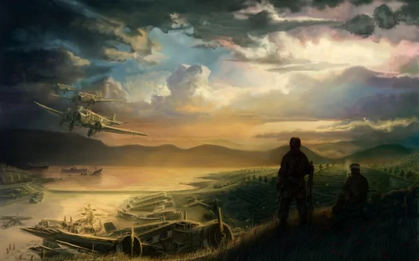 A dramatic artistic depiction of World War II, featuring military aircraft soaring over a serene landscape at sunset, with soldiers observing the scene below.
