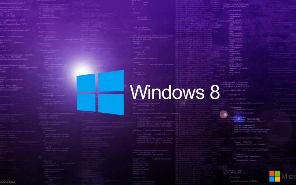 A 4K Ultra HD desktop wallpaper featuring the Windows 8 logo against a vibrant purple background filled with code, showcasing Microsoft technology.