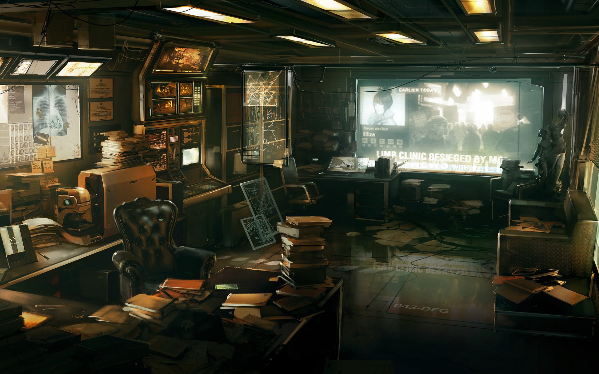 Deus Ex: Human Revolution video game scene — dim, cluttered cyberpunk office with monitors, leather chair and stacks of papers; 2K Quad HD PC desktop wallpaper.
