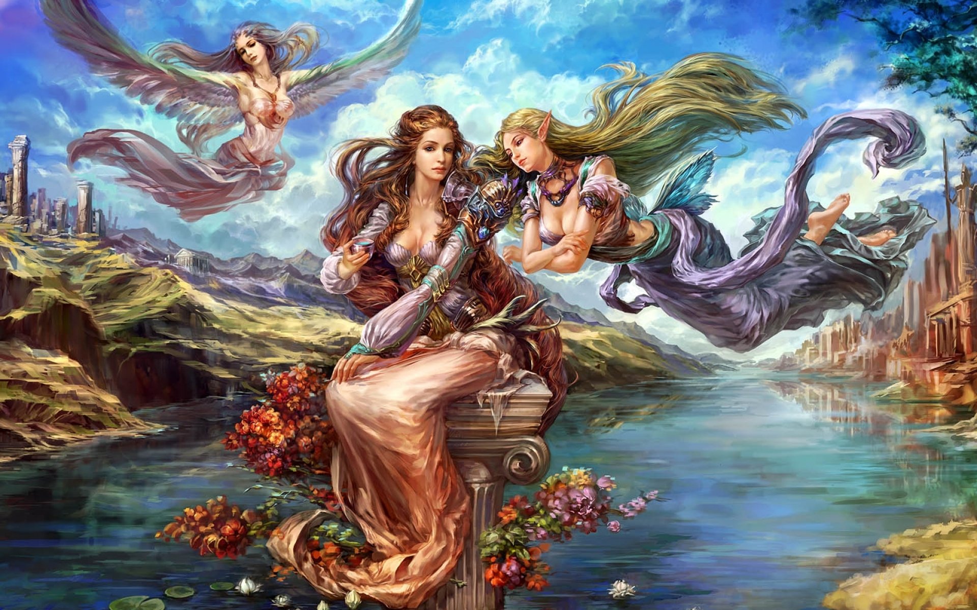 A captivating HD fantasy wallpaper featuring a woman seated on a pedestal surrounded by ethereal beings, set against a vibrant landscape of water and mountains.