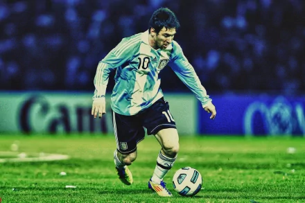 HD desktop wallpaper featuring Lionel Messi in action on the soccer field, wearing the Argentina national team jersey.