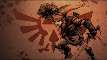 HD wallpaper featuring Link from *The Legend of Zelda: Twilight Princess*, depicted in a dynamic pose against a stylized background with the iconic Triforce symbol.