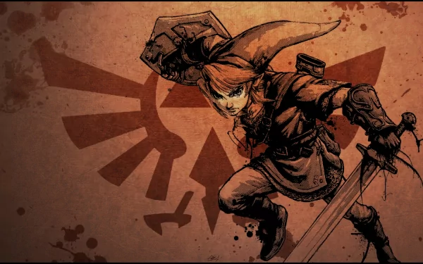 HD wallpaper featuring Link from *The Legend of Zelda: Twilight Princess*, depicted in a dynamic pose against a stylized background with the iconic Triforce symbol.