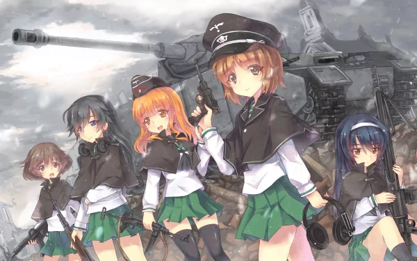 HD anime wallpaper featuring characters from Girls und Panzer. Five girls in military uniforms stand confidently in front of a tank amidst a battlefield backdrop.
