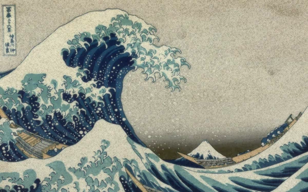 Artistic HD desktop wallpaper featuring the iconic Kanagawa Great Wave off Kanagawa with Mount Fuji in the background.