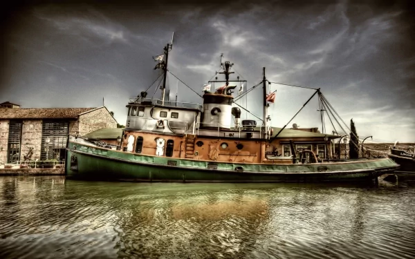 Vintage tugboat (vehicle/ship) moored at an old dock, dramatic sky reflected in calm water — HD PC desktop wallpaper background.