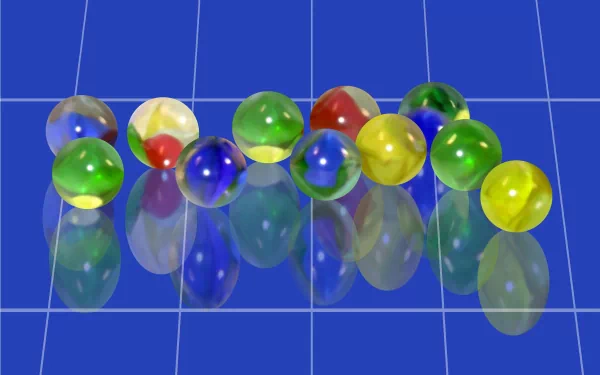 CGI abstract 3D 5K Ultra HD PC desktop wallpaper/background: colorful glass marbles arranged on a reflective blue grid, casting vivid reflections and soft highlights.