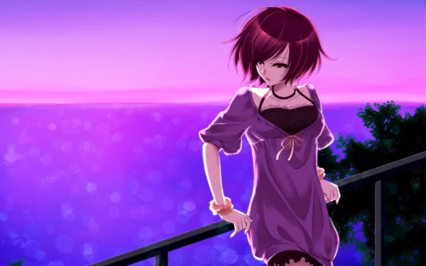 A vibrant HD desktop wallpaper featuring Meiko from Vocaloid, set against a stunning purple sunset over the ocean, showcasing her stylish pose and expressive details.