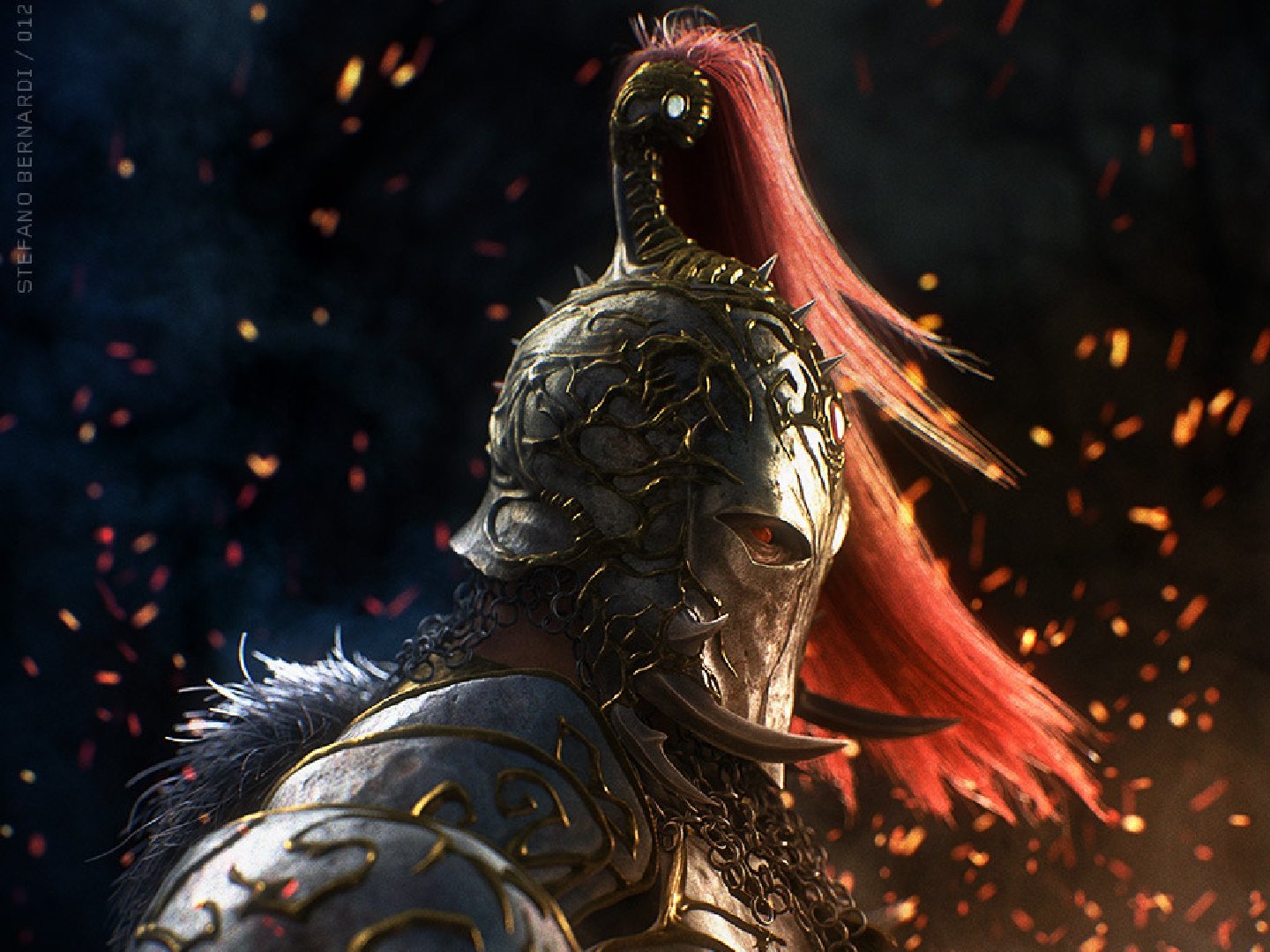 A striking fantasy warrior stands in dramatic lighting, wearing ornate armor and a detailed helmet. Flames dance in the background, creating an intense atmosphere for this HD PC desktop wallpaper.