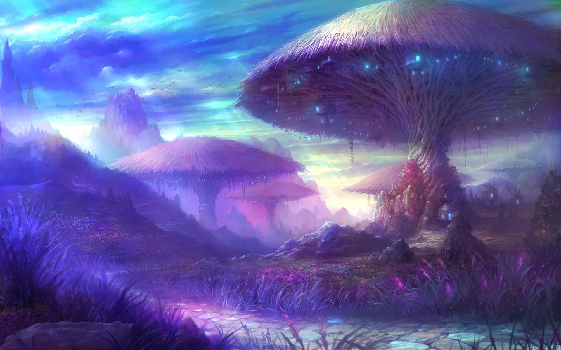 HD PC desktop wallpaper from the video game AION, featuring a mystical landscape with giant glowing mushrooms under a vibrant, colorful sky.