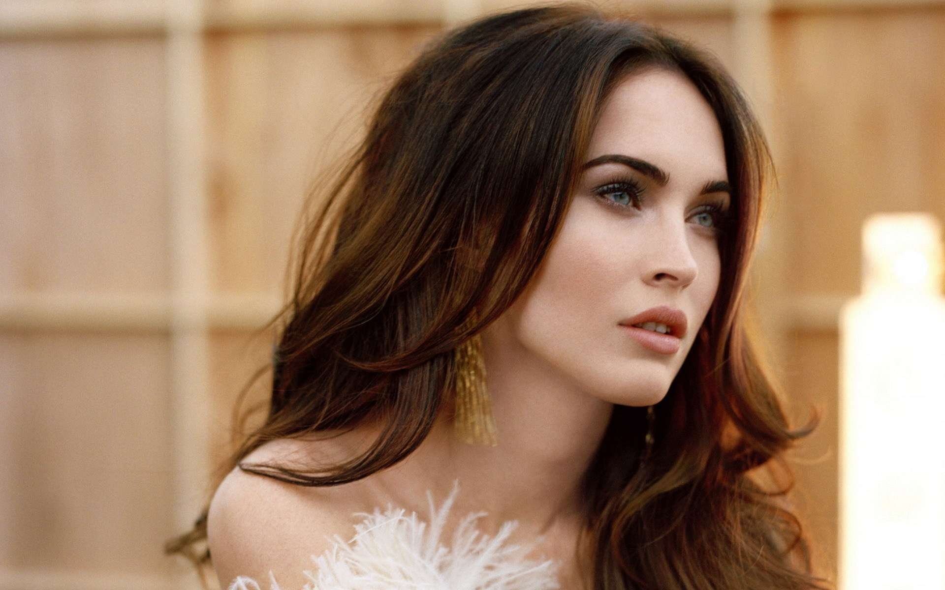 HD desktop wallpaper featuring celebrity Megan Fox with flowing dark hair and a soft, natural expression against a blurred, warm-toned background.