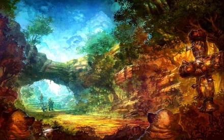 A vibrant HD desktop wallpaper inspired by Seiken Densetsu 3, depicting a lush, colorful forest landscape with a serene atmosphere and mystical elements.