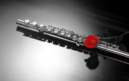 Music-themed HD PC desktop wallpaper: silver concert flute resting on a reflective black surface with a single red rose petal.