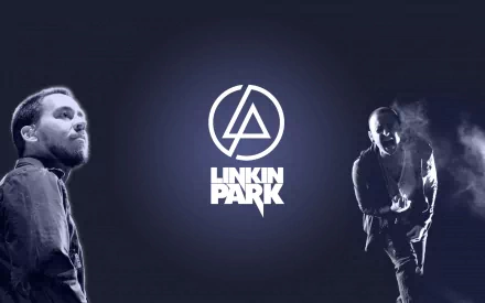 A high-definition wallpaper featuring the iconic Linkin Park logo with images of two band members, set against a dark background, celebrating the band's music.