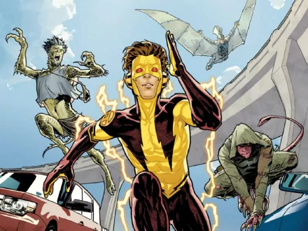 A vibrant HD wallpaper featuring Kid Flash in action, surrounded by comic-style villains. The scene captures his dynamic energy and heroic pose against a dramatic background.