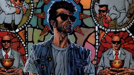 A striking comic-style image featuring a rugged preacher in sunglasses, surrounded by vibrant stained glass designs and figures in suits, serving as an HD desktop wallpaper.