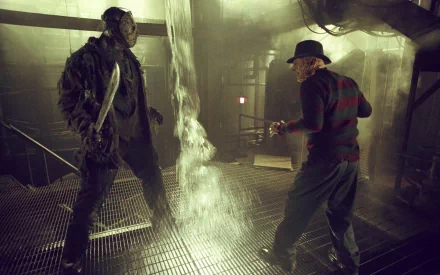 A high-definition desktop wallpaper from Freddy vs. Jason, featuring the iconic characters Freddy Krueger and Jason Voorhees in an intense standoff amid a dim, industrial setting.