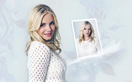 A stylish HD desktop wallpaper featuring celebrity Elisha Cuthbert, showcasing her in a white sweater against a soft, floral background.