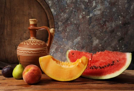 A still life arrangement featuring a pottery jug and slices of watermelon, cantaloupe, and various fruits on a wooden surface, set against a textured backdrop. 4K Ultra HD resolution.