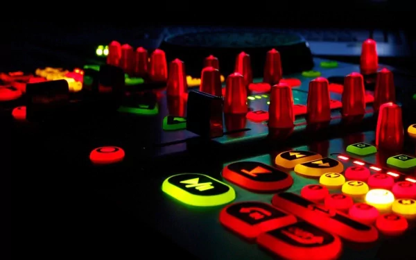 A vibrant HD desktop wallpaper showcasing a DJ's equipment, featuring illuminated buttons and controls in bold colors, capturing the dynamic essence of music and mixing.