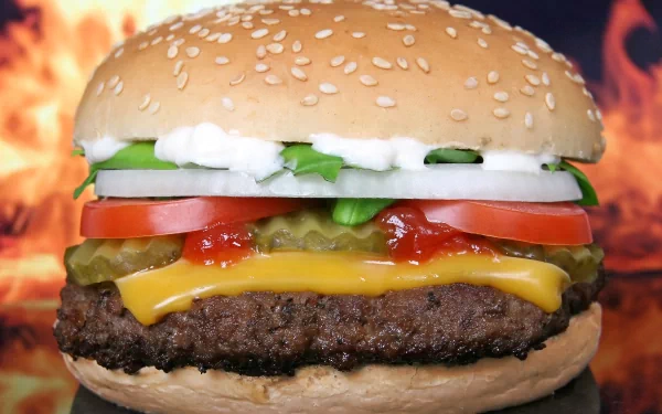 HD PC desktop wallpaper featuring a close-up of a juicy cheeseburger with lettuce, tomato, pickles, onions, ketchup, and mayonnaise against a fiery background.