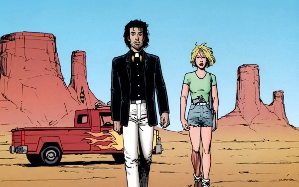 Comic-style HD PC desktop wallpaper: a preacher in a black coat and a blonde woman walk across a desert with sandstone buttes; a red pickup with flame decals sits under a clear blue sky.