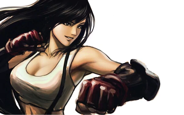 HD wallpaper featuring Tifa Lockhart from Final Fantasy VII, showcasing her iconic fighting stance with gloves, embodying strength and determination.