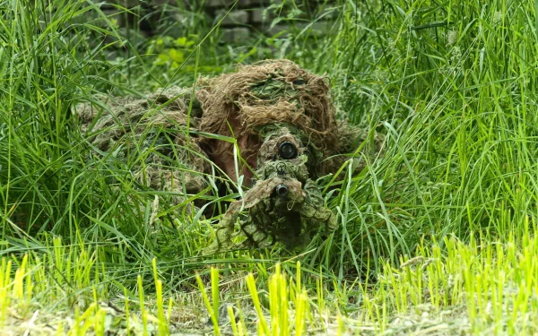 A camouflaged soldier lies in tall grass, aiming a sniper rifle. This HD wallpaper captures the intense focus and skill of military snipers in a realistic setting.