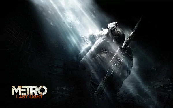 HD wallpaper from the video game Metro: Last Light, featuring a lone figure in a gas mask, illuminated by beams of light in a dark, atmospheric setting.
