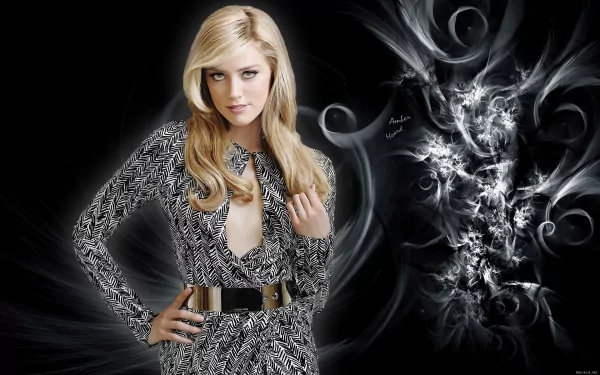 A striking HD wallpaper featuring celebrity Amber Heard, styled in a fashionable outfit with long, wavy hair against an artistic black and white abstract background.
